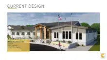 Rendering of the proposed Edisto Beach Town Hall, a coastal-style single-story building with a covered wood entrance. Slide labeled 'Current Design — Design Development, $9-10M New Facility.