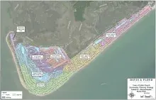 Aerial map dividing Edisto Beach into seven color-coded stormwater study areas (Yacht Club Road, King Cotton Road, East/West Docksite Road, Bay Point, Upper/Lower Lagoons). Davis & Floyd, 'Stormwater Planning Strategy — Exhibit 07,' 9/25/2025.